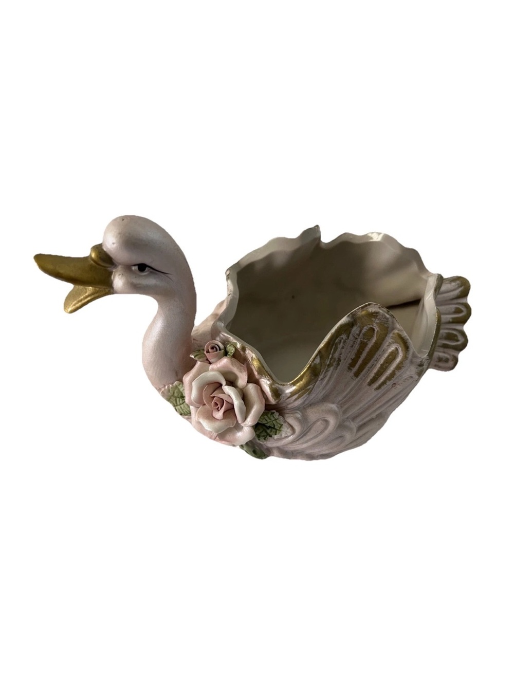 Vintage Pink Swan Planter Vase Ceramic Roses Gold Trim Trinket Dish Centerpiece